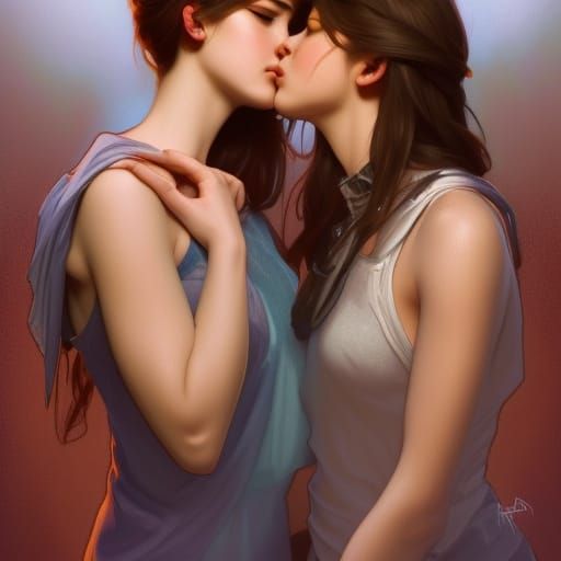 Girls Kissing: Hyperdetailed Portrait in Artgerm Style