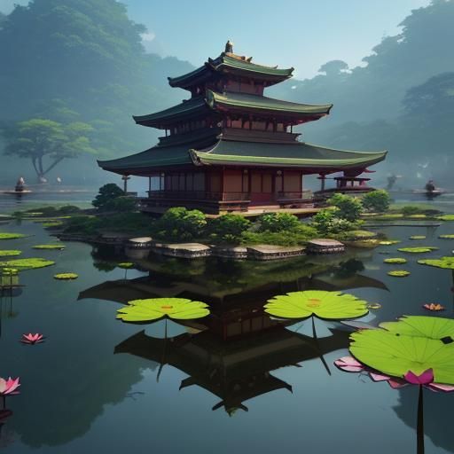 Lotus Frog Temple in 3D Anime Art