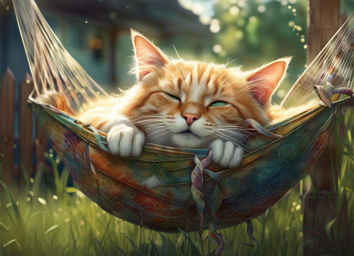 Cat's Lazy Hammock Nap: Whimsical Backyard Scene