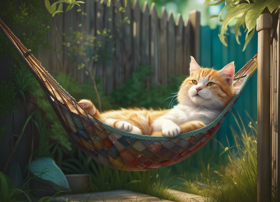 Cat's Lazy Hammock Nap, Detailed Digital Art