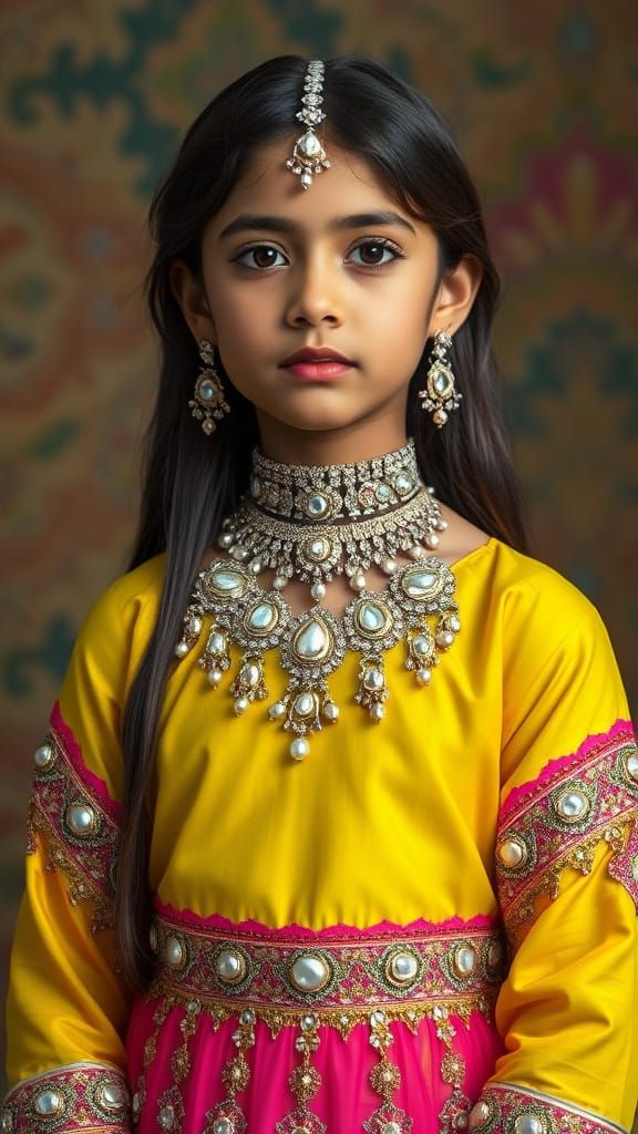 Regal Young Girl in a Vibrant Double-Color Eid Dress with Ku...