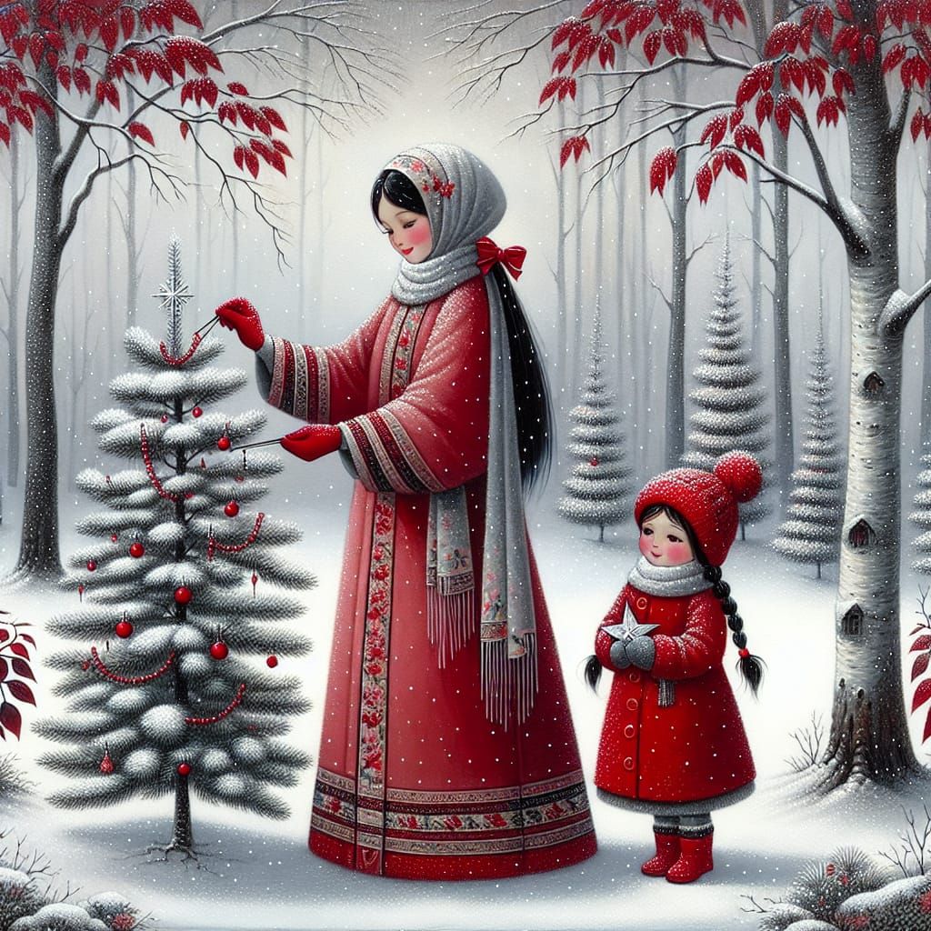 Folksy Winter Scene: Mother and Daughter Decorating Tree