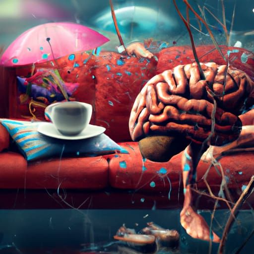 Psychology Concept Art with Brain, Flowers and Tea