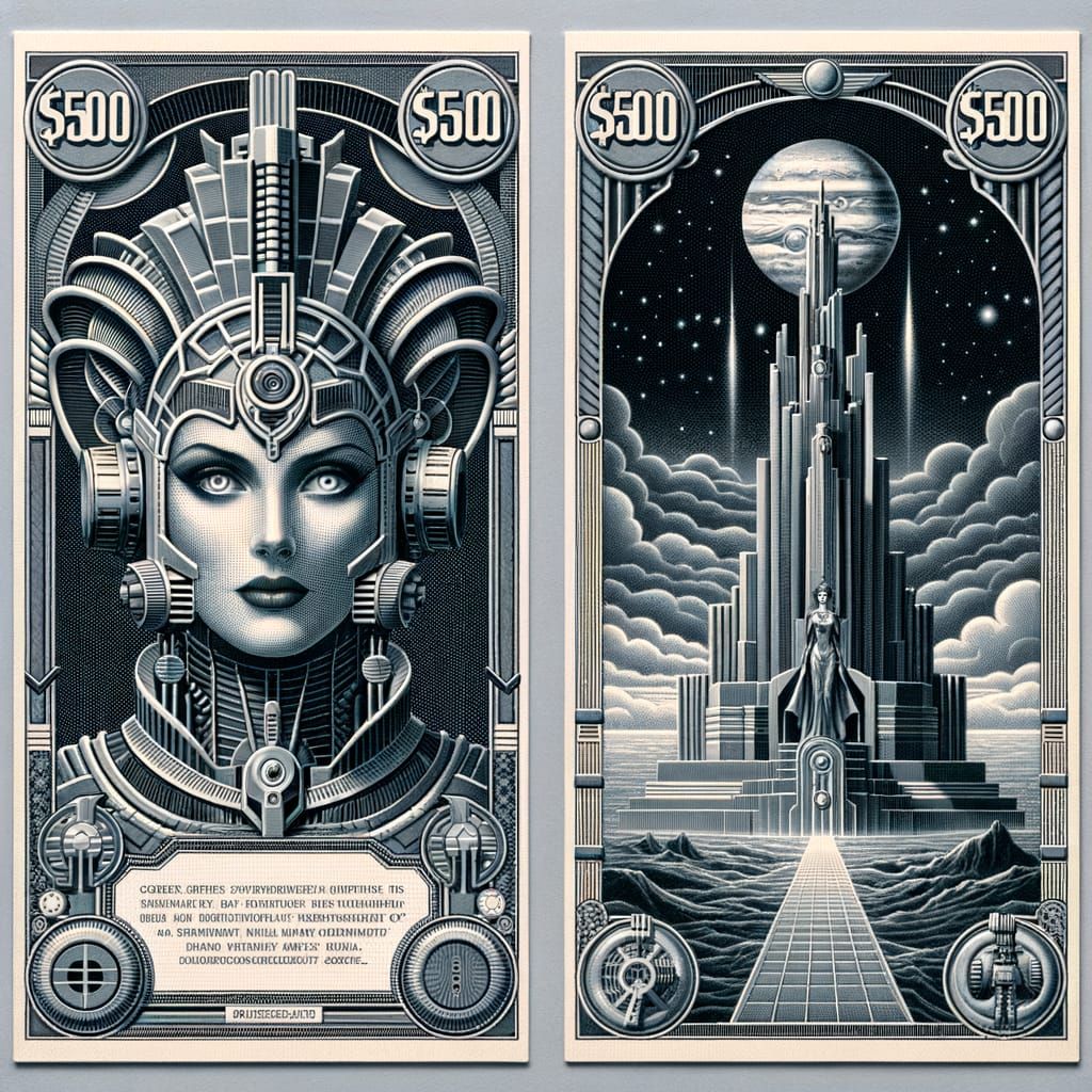 Fictitious $500 Ganymede Banknote in Art Deco Style
