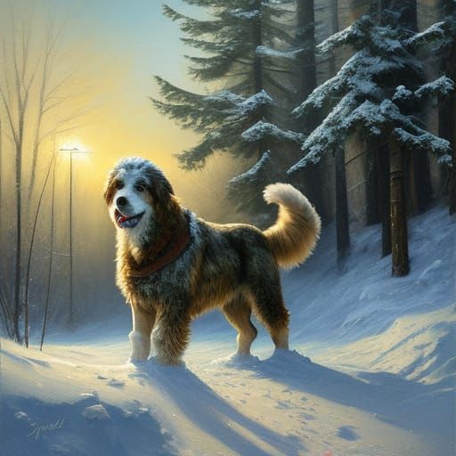 A Shaggy Yard Dog Holds a Snow Shovel in a Whimsical Winter ...