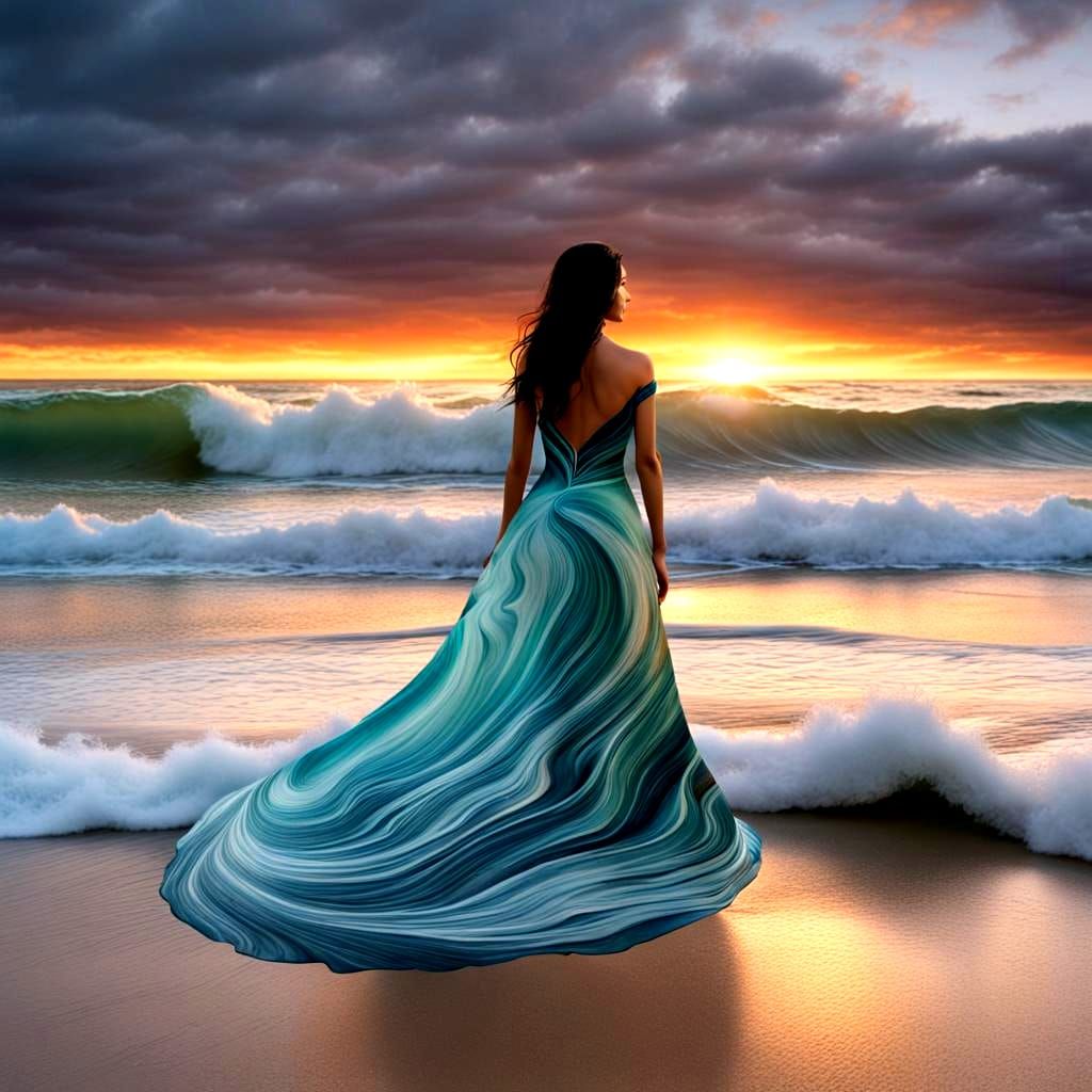 Sunset Seafoam Waves Form a Lady on the Beach