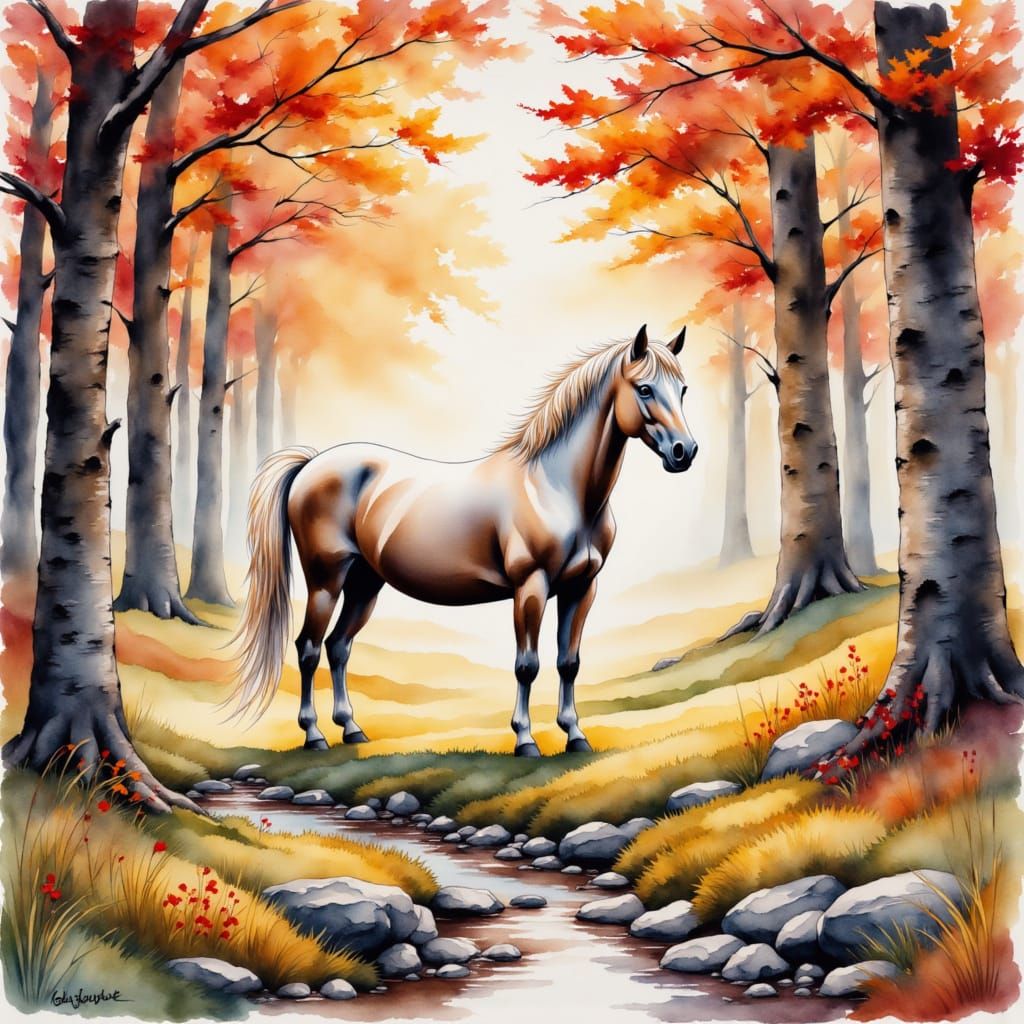 Unicorn in Mystical Forest Watercolor Painting