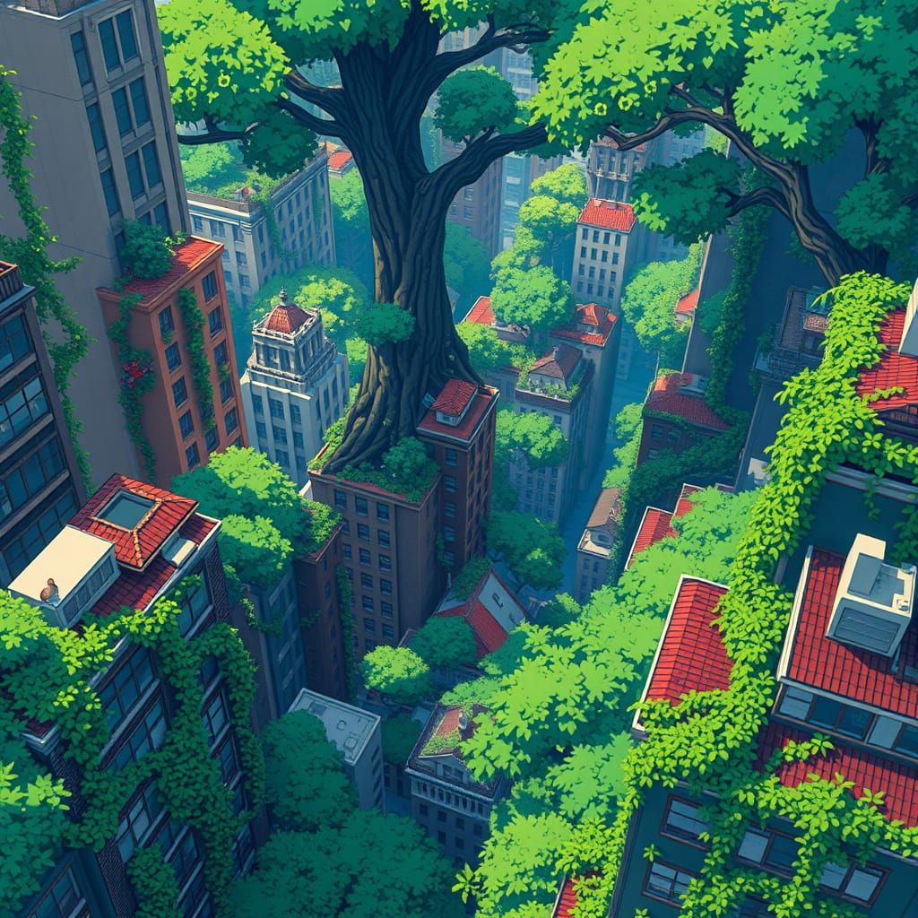 Vibrant Urban Oasis in Dreamlike Style