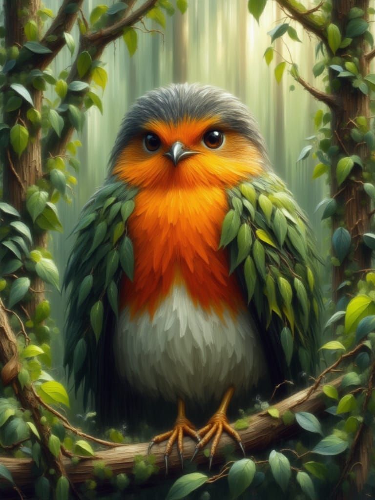 <lora:Impasto styleS:1.0> Deep in a fantastic forest, a small bird with a bright orange chest sits proudly among the lea...
