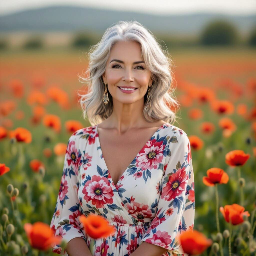 Elegant Woman in Poppy Field, Botanical Art
