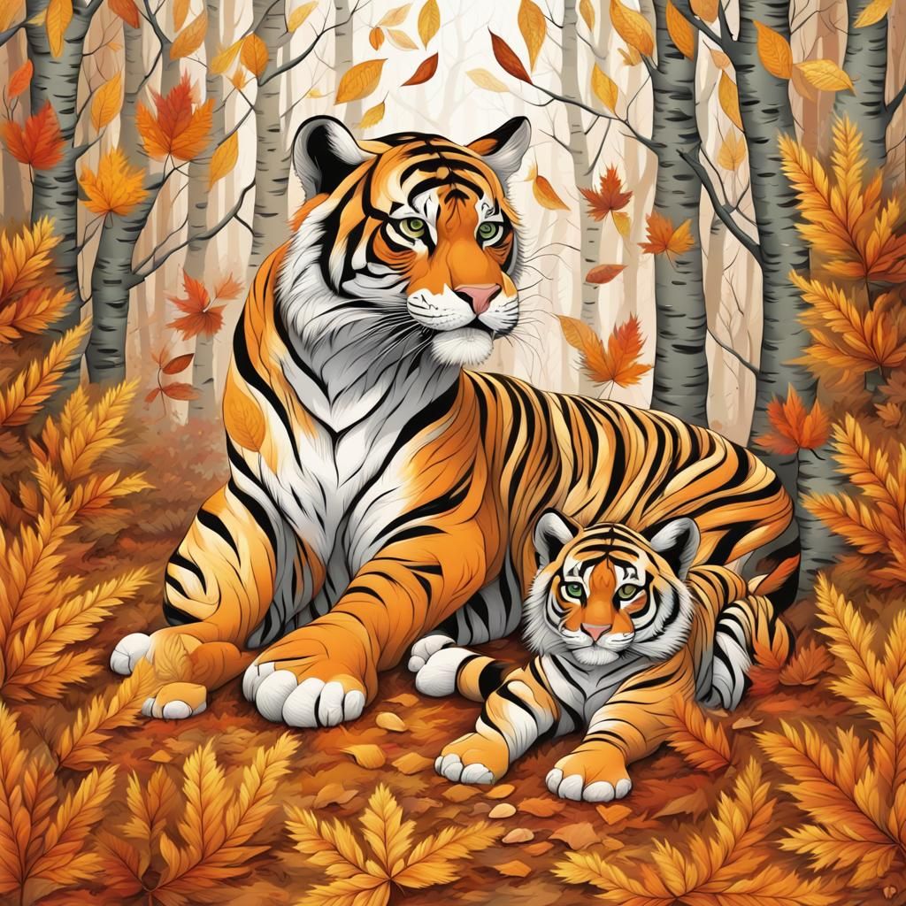 Tigress and Cub in Autumn Birch Forest