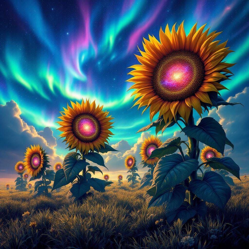 Galactic Sunflower Field Under Aurora Sky