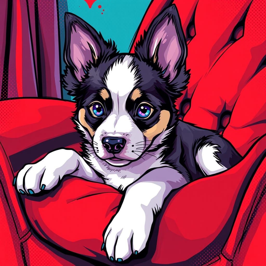 Adorable Border Collie Puppy in Comic Book Style