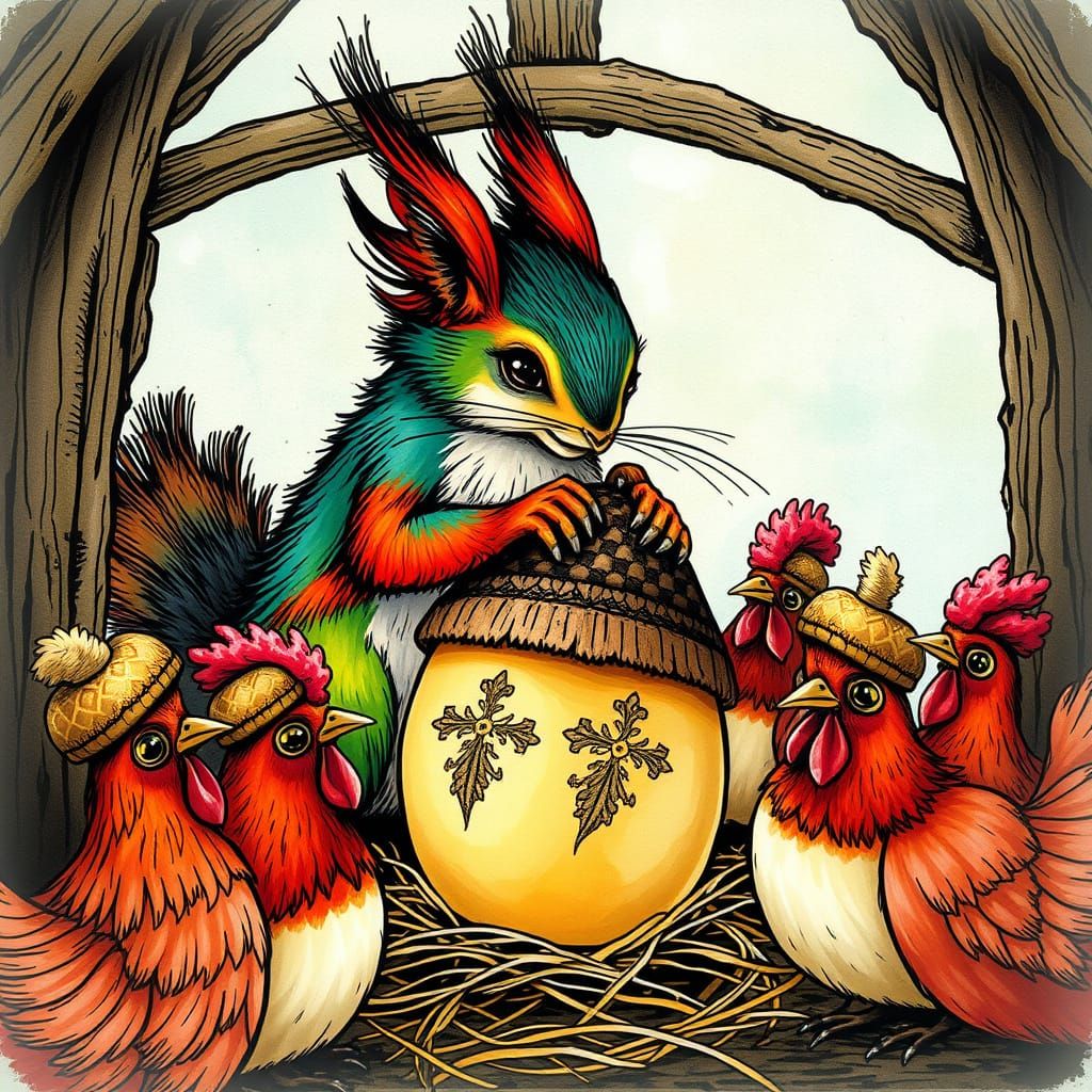 Rainbow Squirrel Steals Egg in Whimsical Storybook Scene