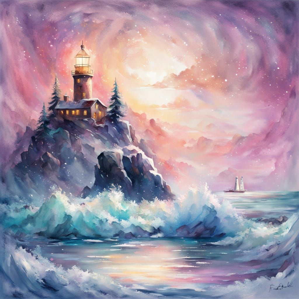 Ship Sails Icy Ocean in Romantic Watercolor