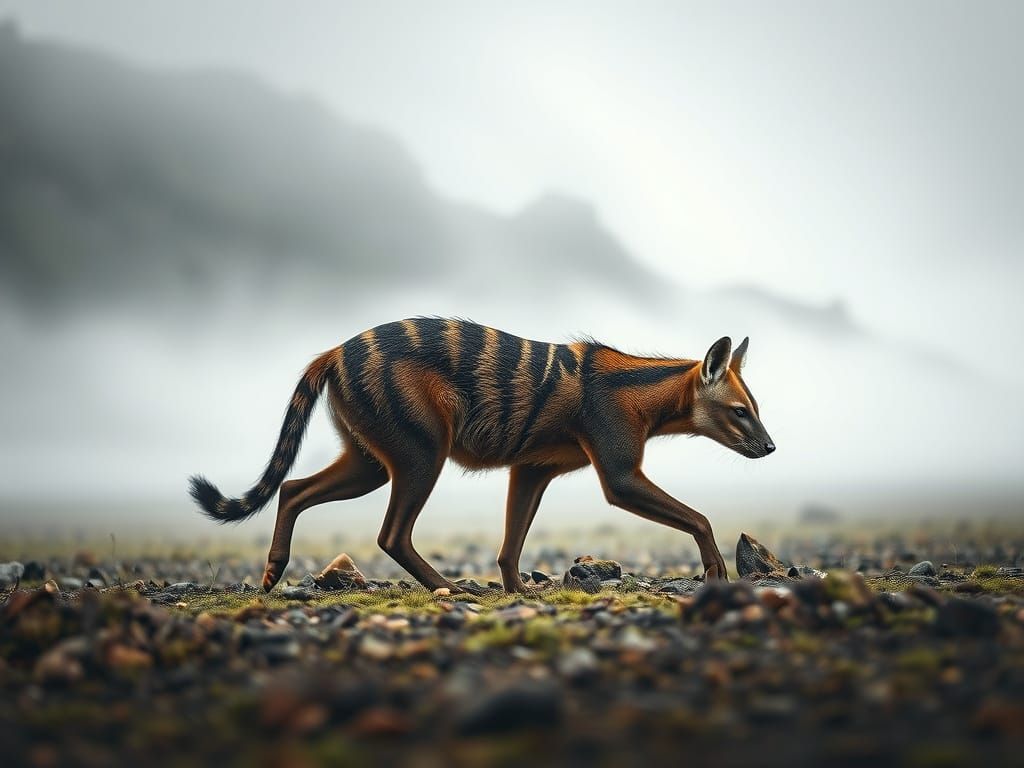Thylacine Walking in Misty Landscape in Cinematic Style