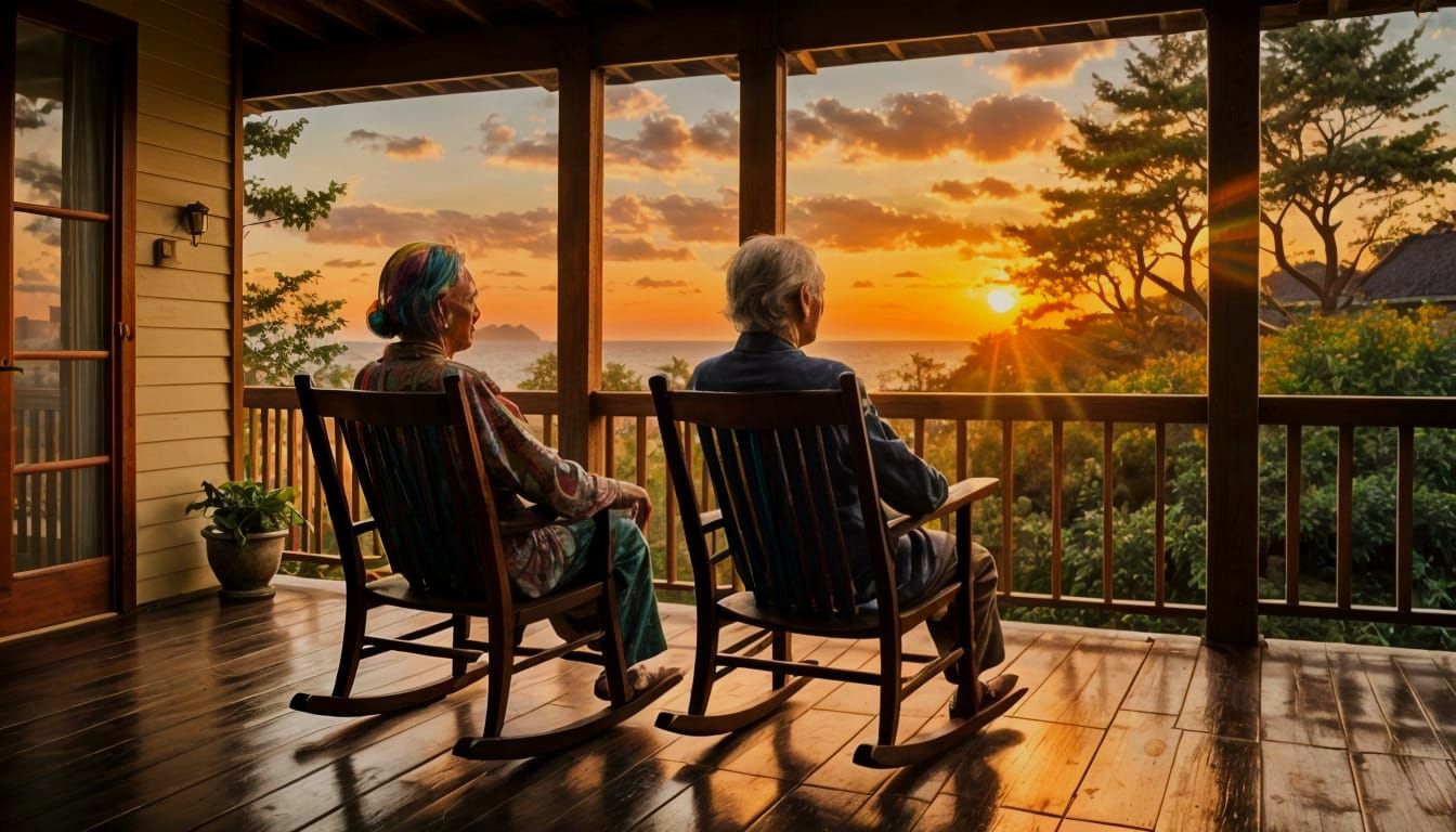 Elderly Couple's Sunset Reverie in Tonalist Style