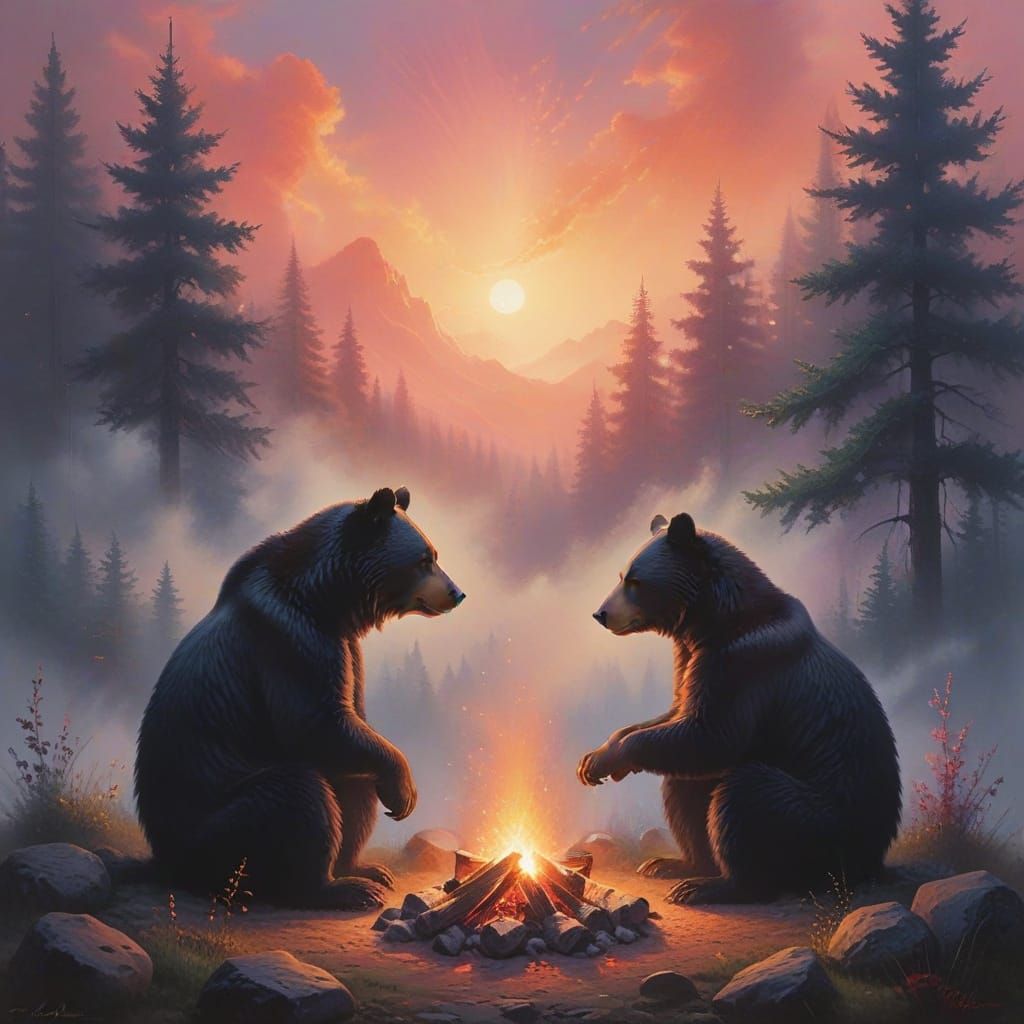 Whimsical Black Bears Gather Around a Cozy Campfire in a Dre...