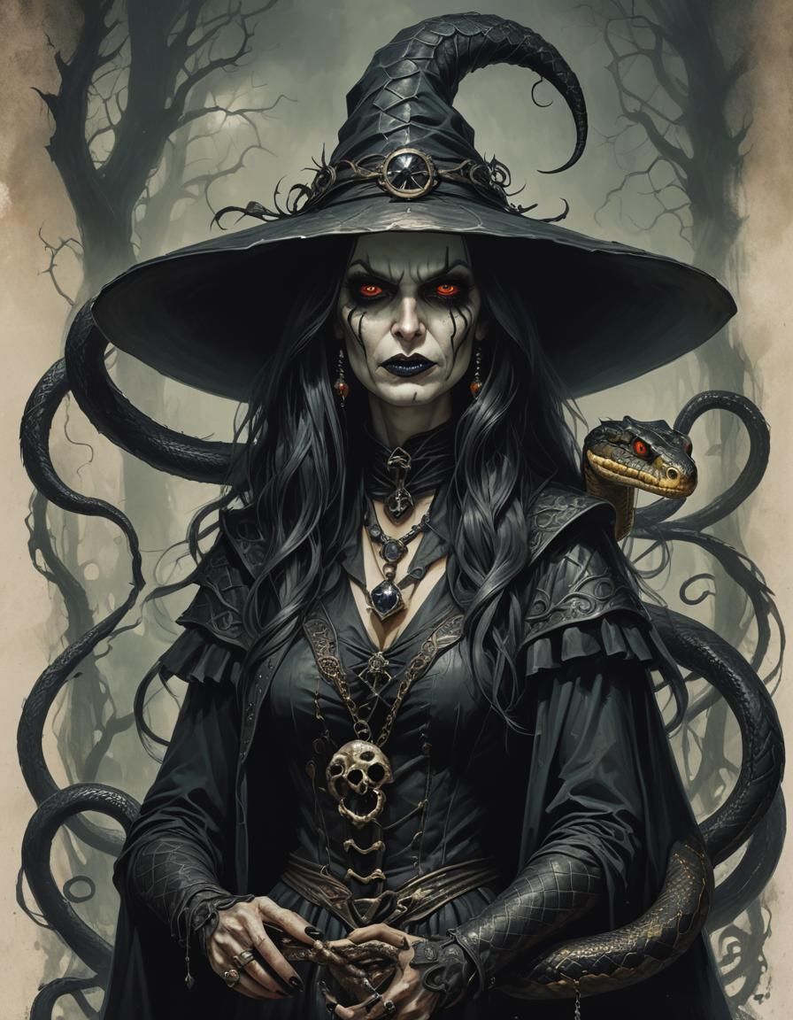 Sinister Gothic Witch with Evil Snake