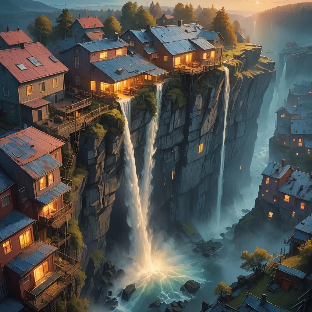 Crescent Moon Waterfall in Dreamlike Concept Art