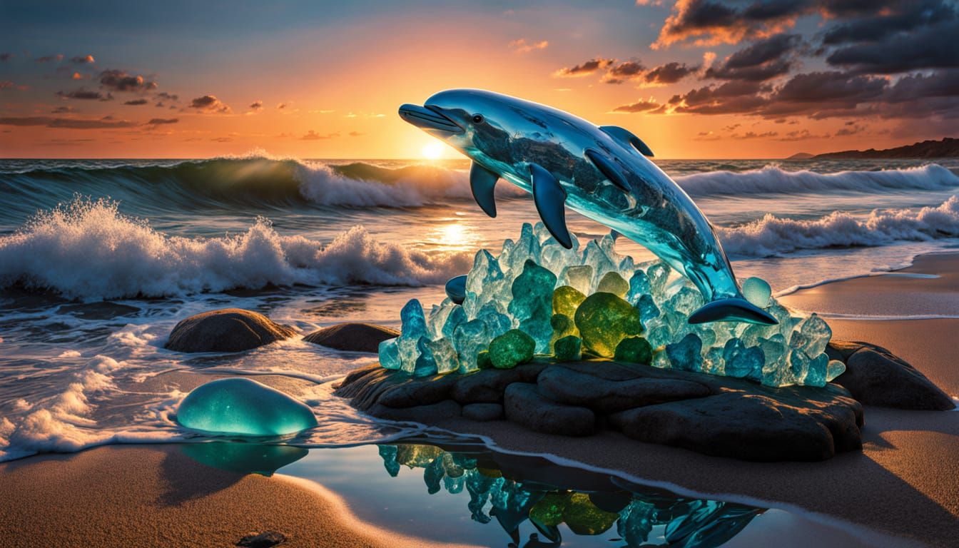 Fragmented Sea Glass Dolphins Embrace Sunset