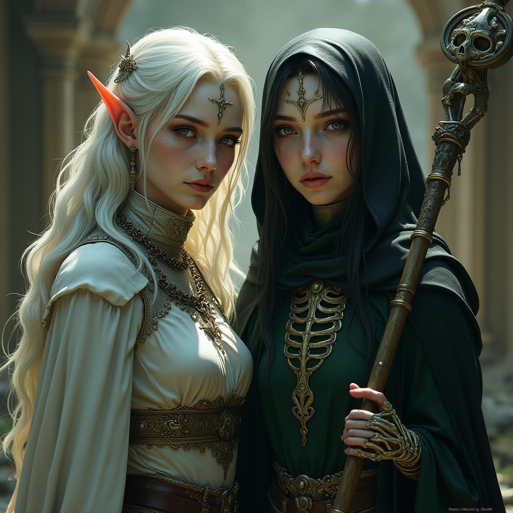 Drow Sisters: Cleric and Necromancer in Hyperdetailed Portra...