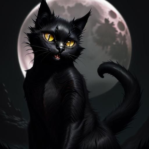Fearsome Black Cat with Red Moon, Dark Fantasy Art