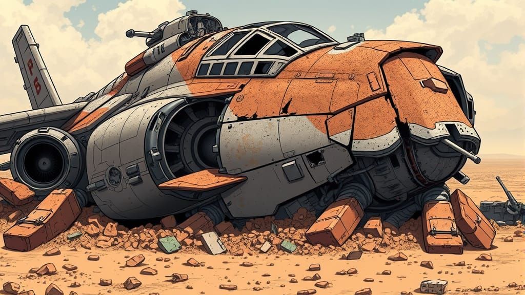 Surreal Desert Scrapyard Scene with Futuristic Aircraft Wrec...