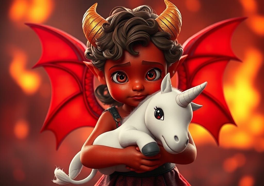 Adorable Demongirl Cuddling Unicorn in Fiery Hellscape