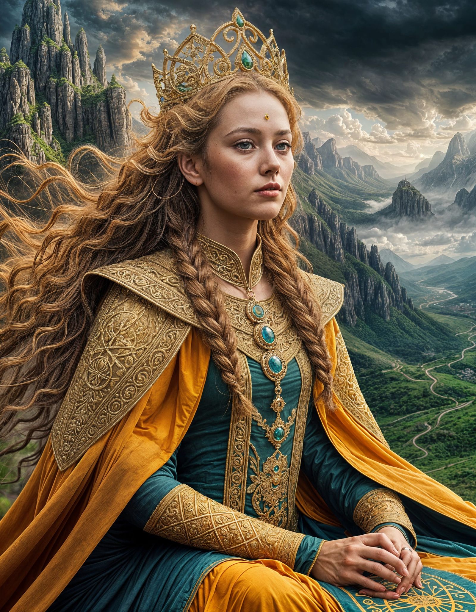 Queen of Air Soaring Over Golden Mountainside