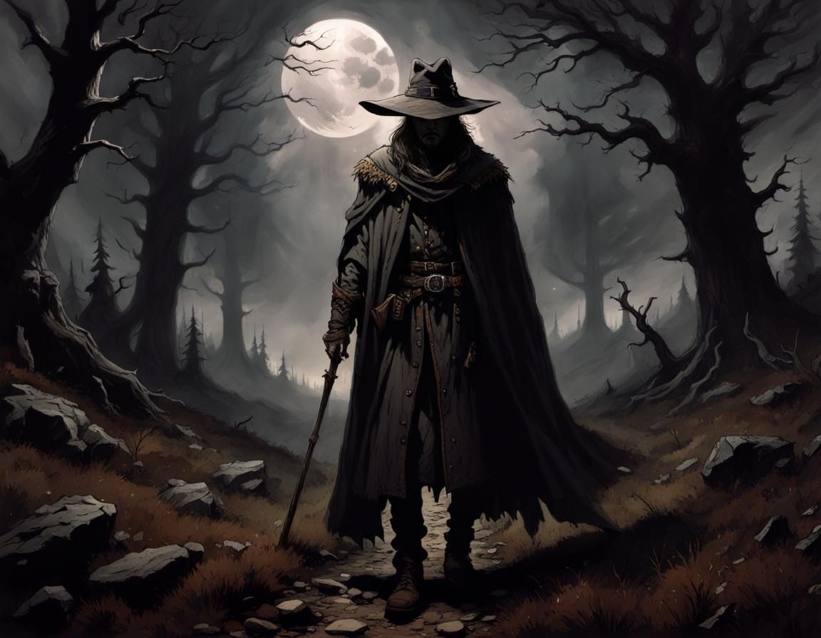Grimdark Fantasy Wanderer in Wild Landscape