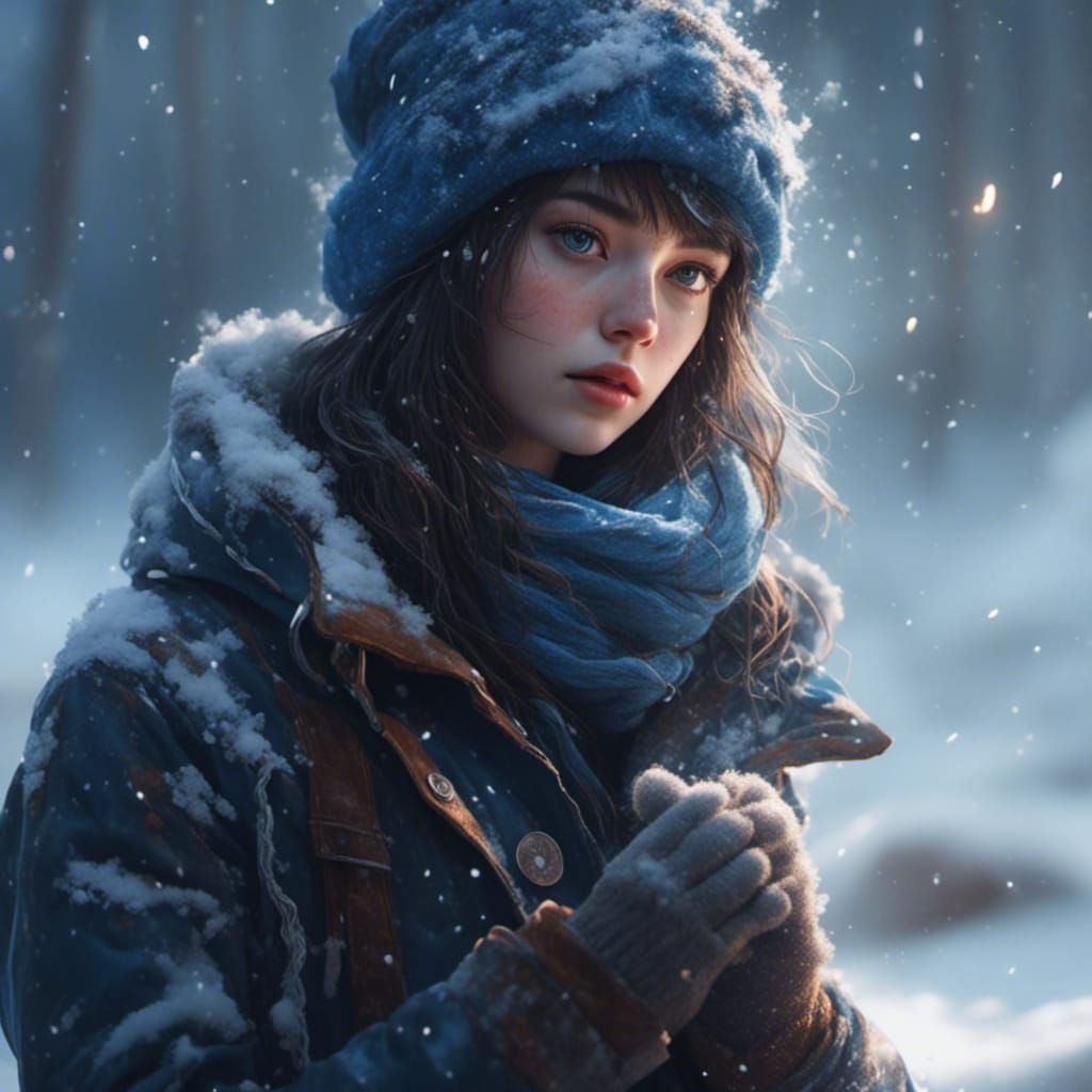 Hyperrealistic Girl with Blue Eyes in Winter