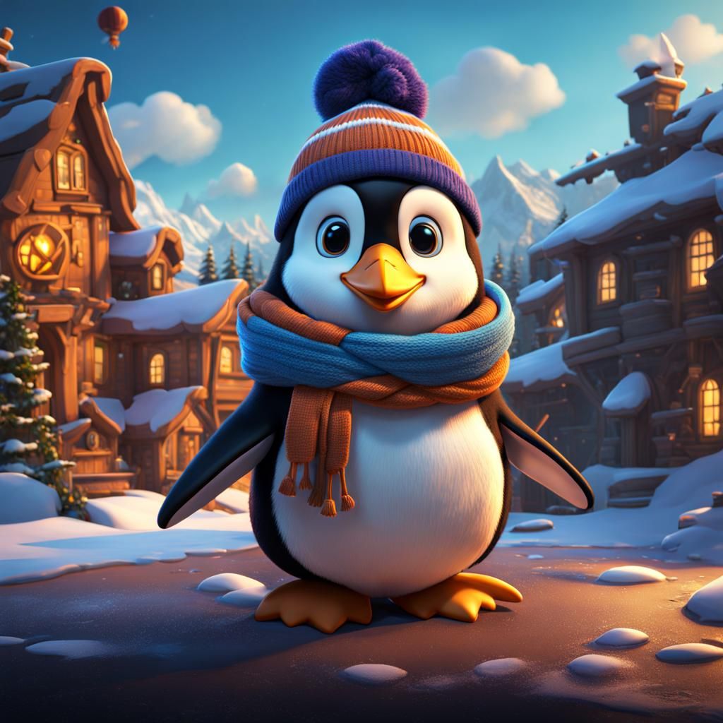 Cartoon Penguin with Beanie: Detailed Fantasy Art