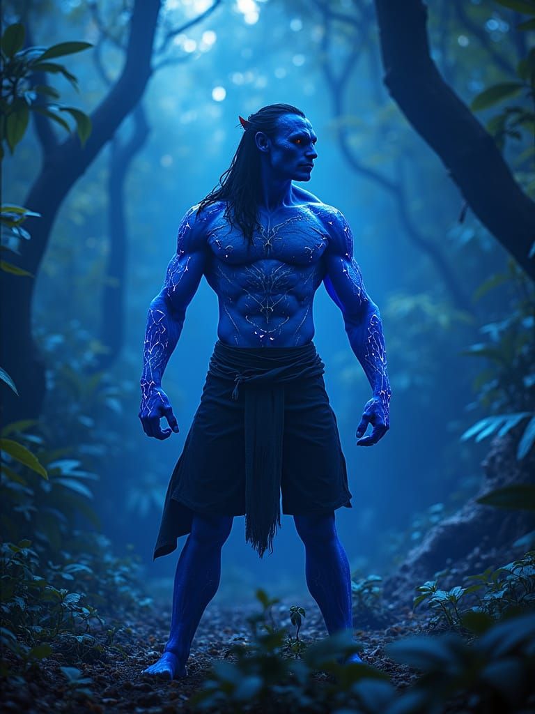 Futuristic Avatar-like Blue Man in Neon Forest