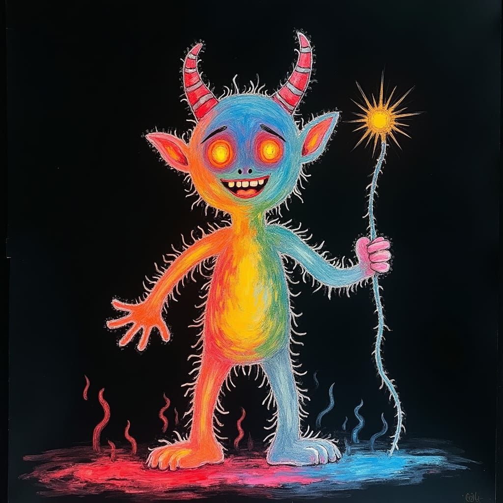 Surreal Crayon Monster Drawing with Rainbow Fairy