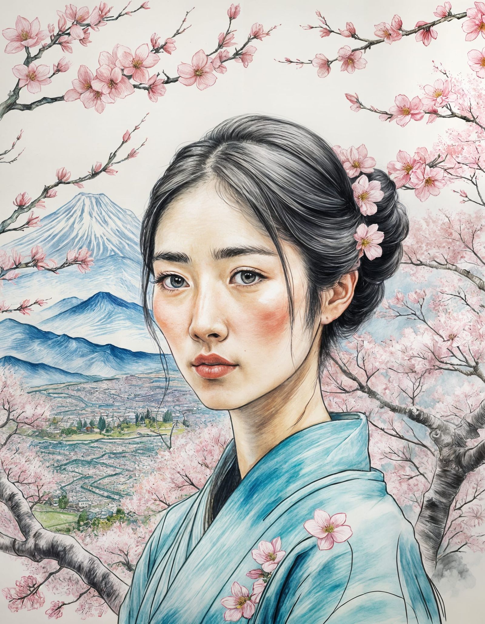 Japanese Woman in Cherry Blossoms, Van Gogh Style