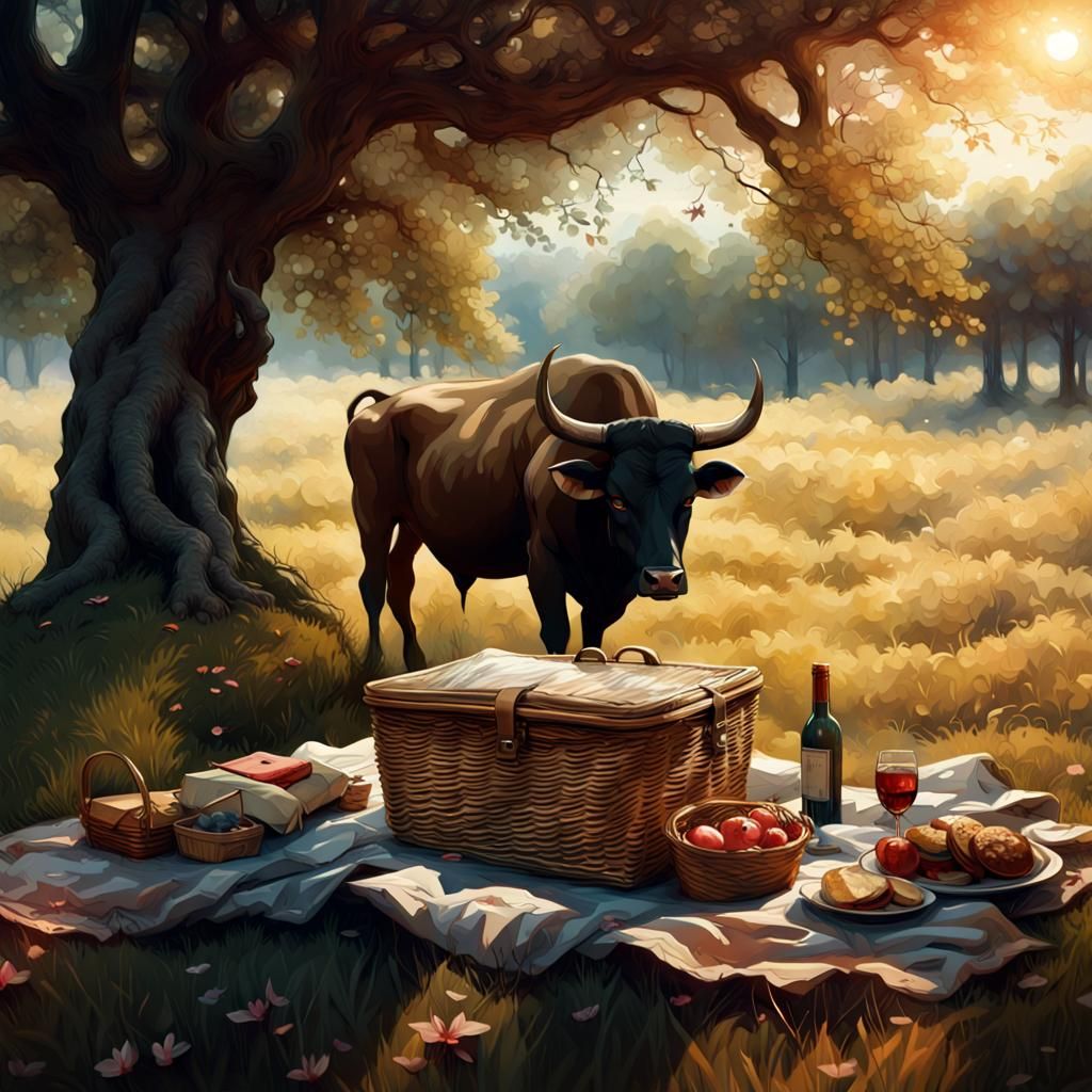 Pastoral Picnic Scene with Distant Bull, Detailed Digital Ar...