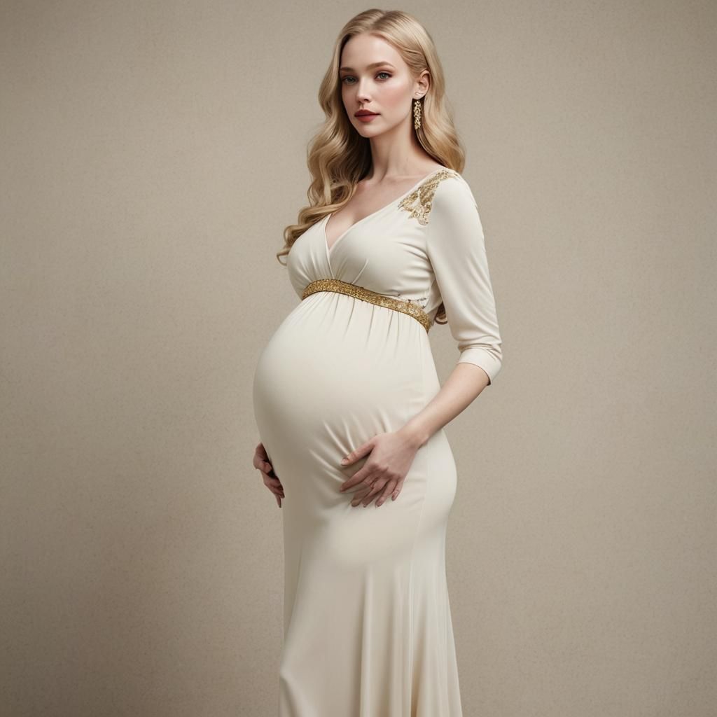 Pale Woman Pregnant with Quadruplets in White Dress