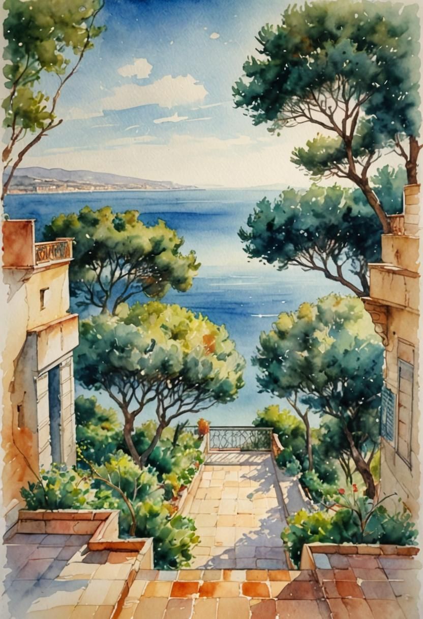 Mediterranean Terrace in Watercolor Painting