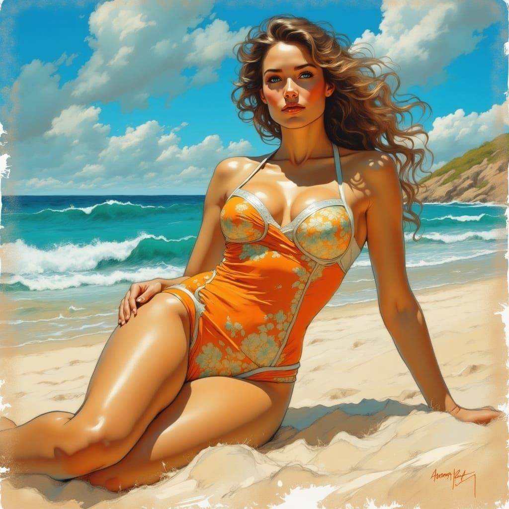 Woman in Retro Swimsuit on Beach as Pulp Art