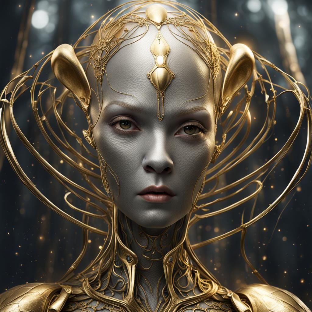 Golden-Skinned Alien Woman with Silver Bodysuit