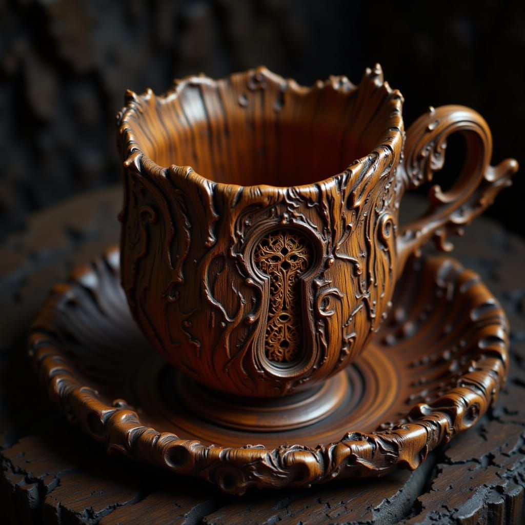 Wooden Teacup with Ornate Keyhole in Surreal Landscape