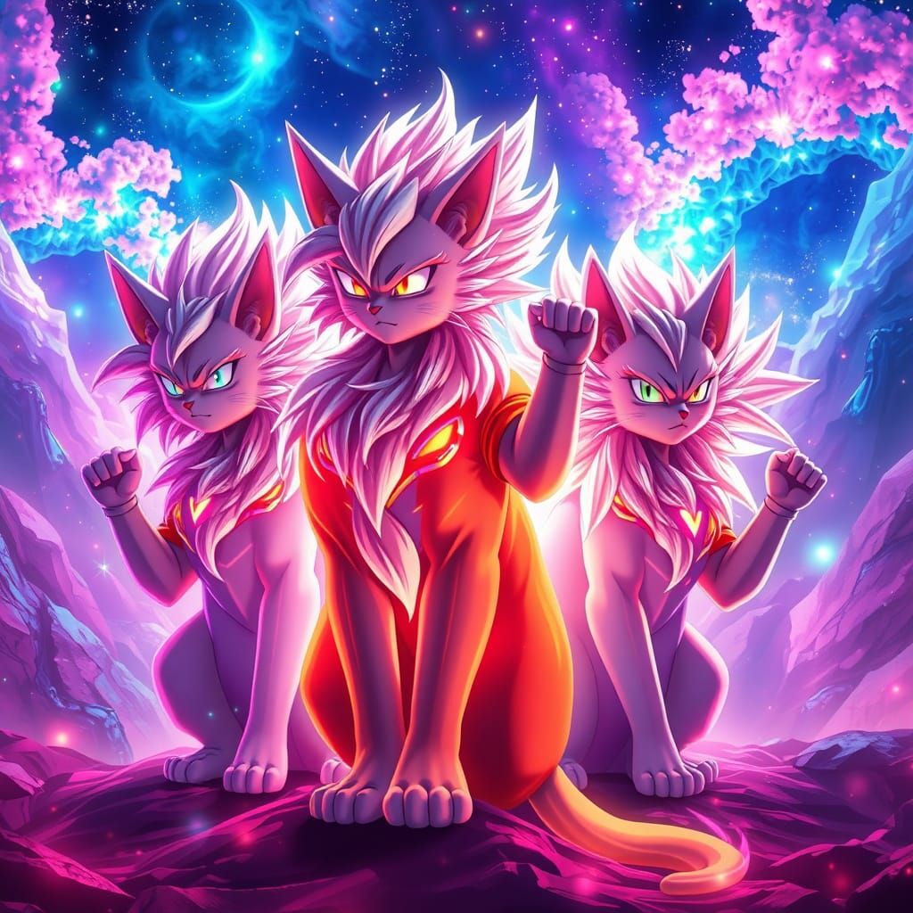 Majestic Super Saiyan Cats in 3D Anime Art