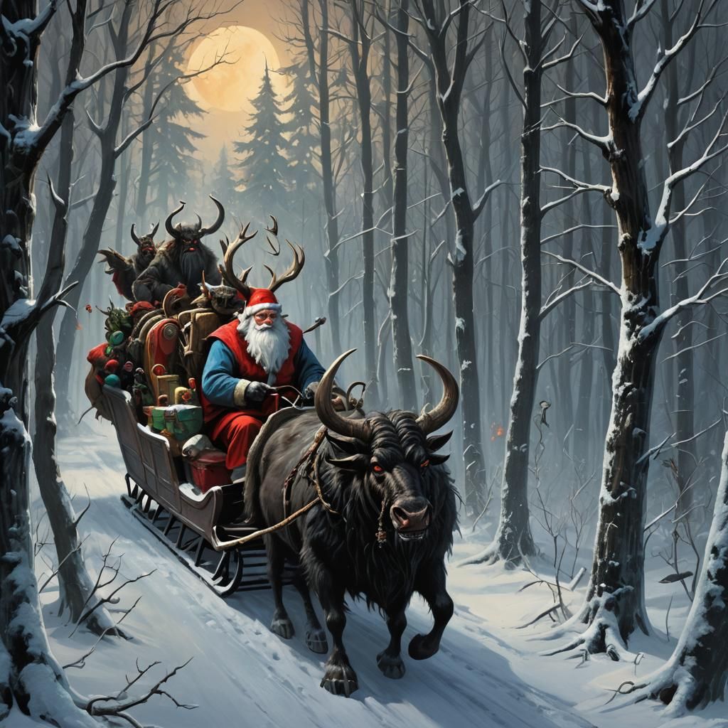 Santa's Sleigh and Krampus in Frozen Forest