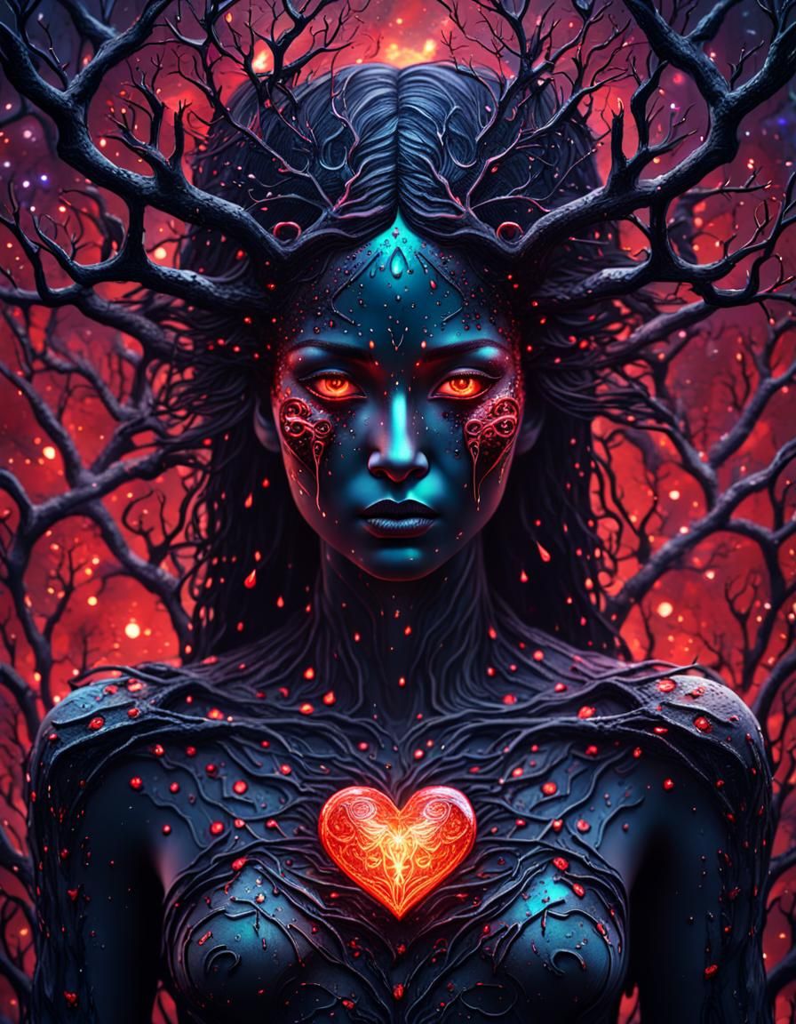 Creepy Lighting Goddess with Blood and Broken Heart