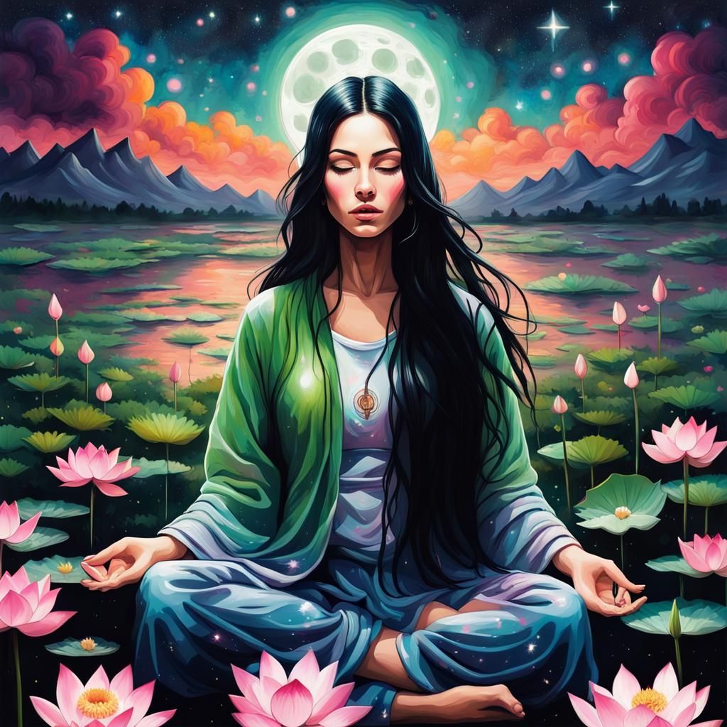 Woman Meditating in Lotus Field: Graffiti Art