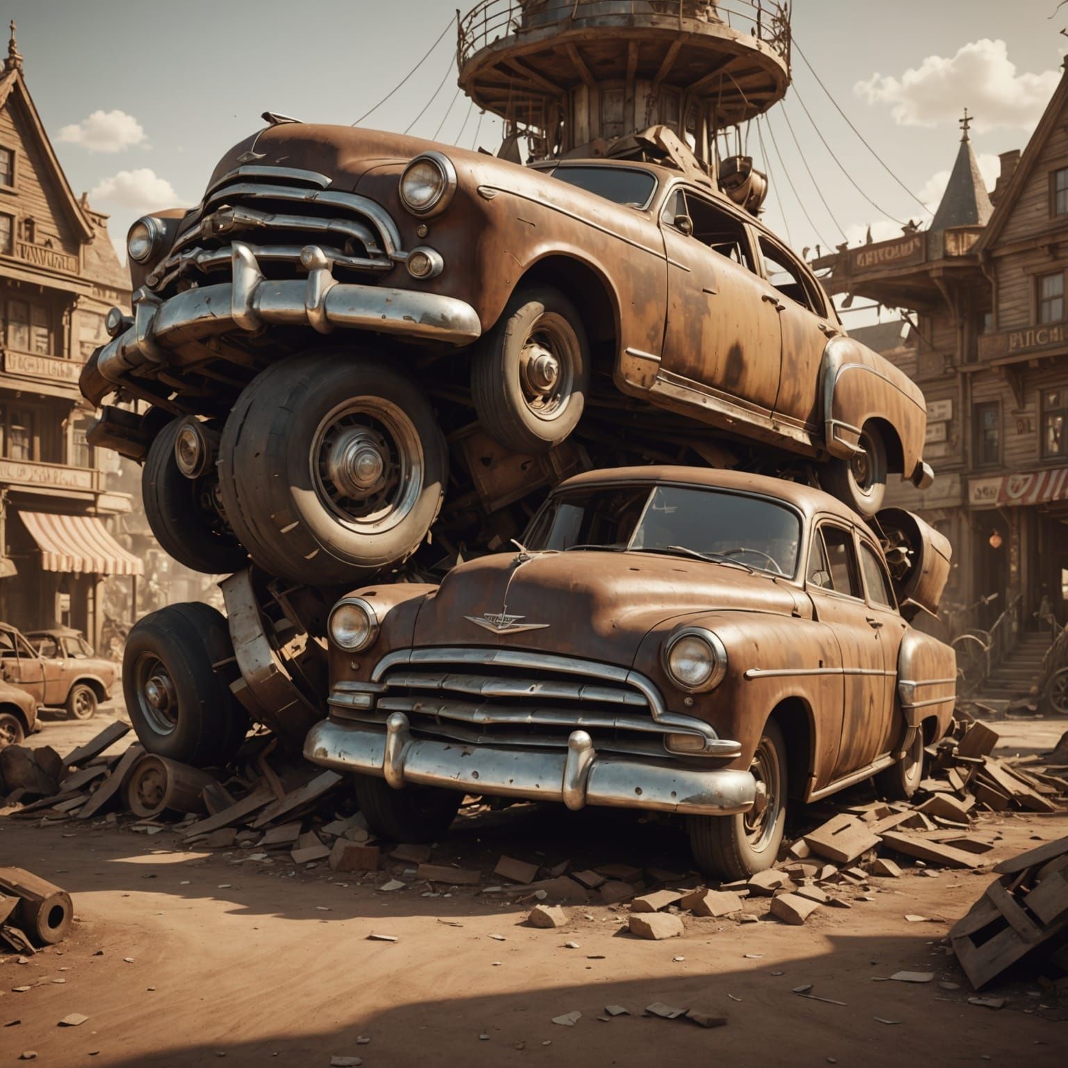 Vintage Car Crashes Into Giant Kitchen Sculpture