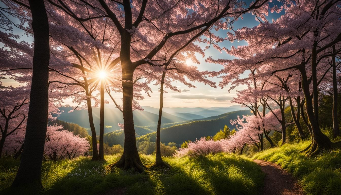 Sunbeams Through Cherry Blossoms in Forest