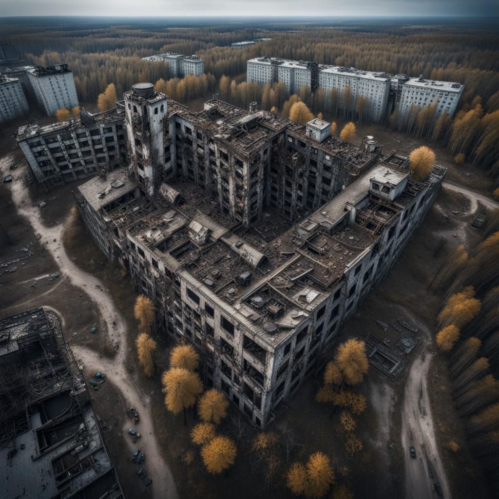 Chernobyl Abandoned City Bird View: Dark Macabre Art