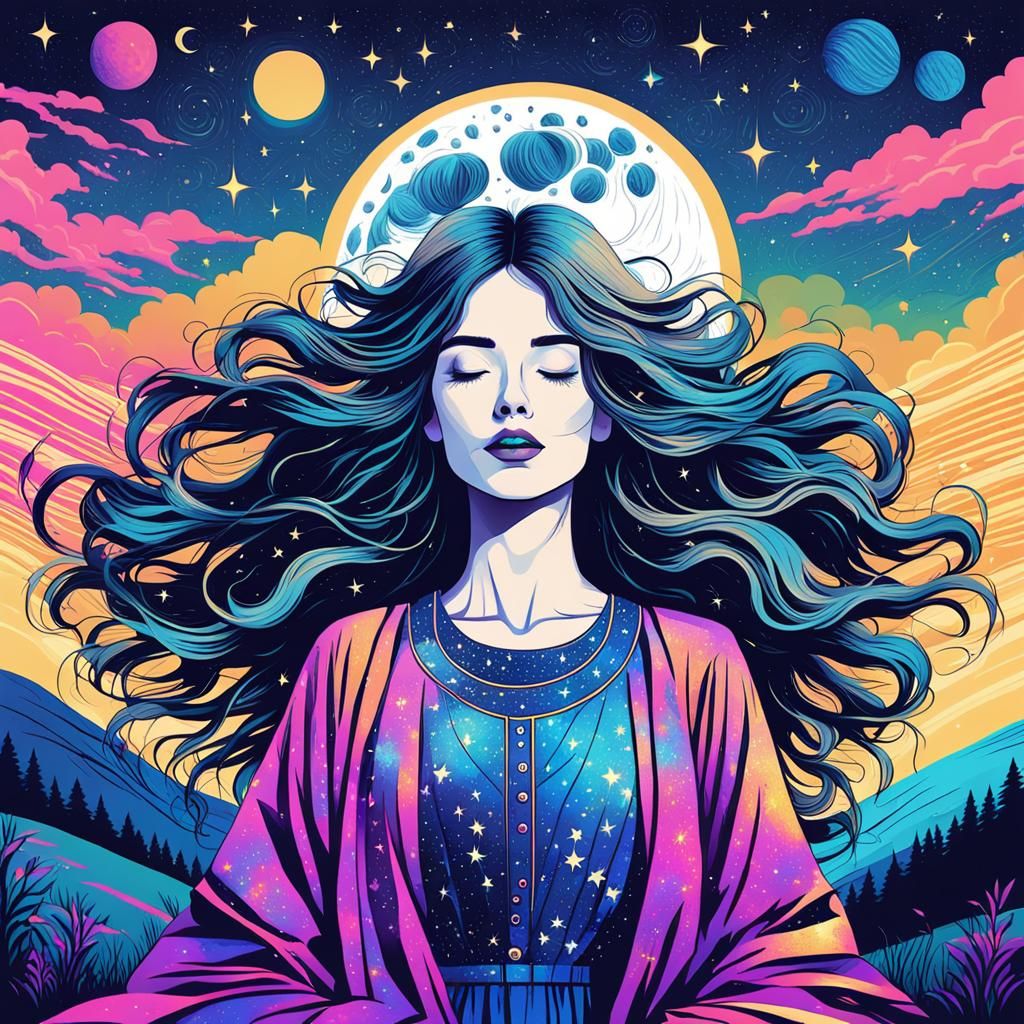 Woman Gazing at Starry Night Sky in Geometric Bauhaus Style